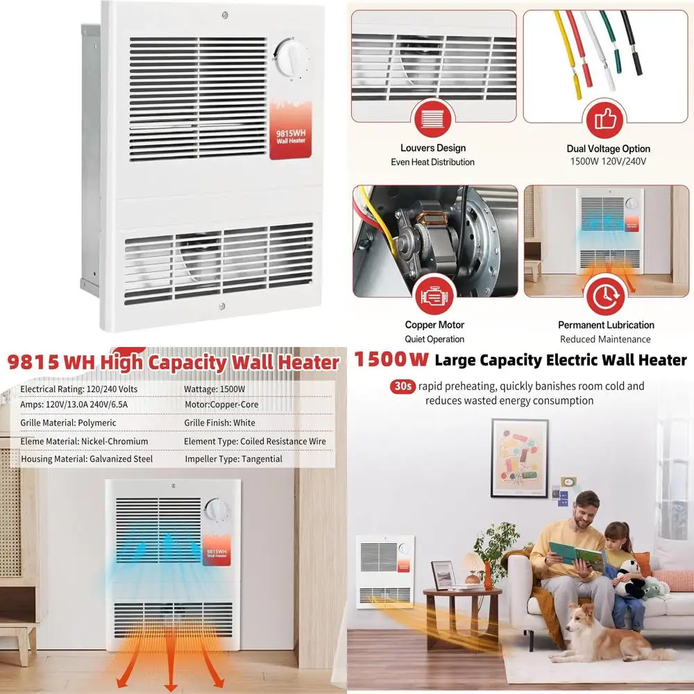 

Large Capacity Electric Wall Heater with Adjustable Thermostat, Silent Motor, 1500W, 120/240V, Overheat Protection