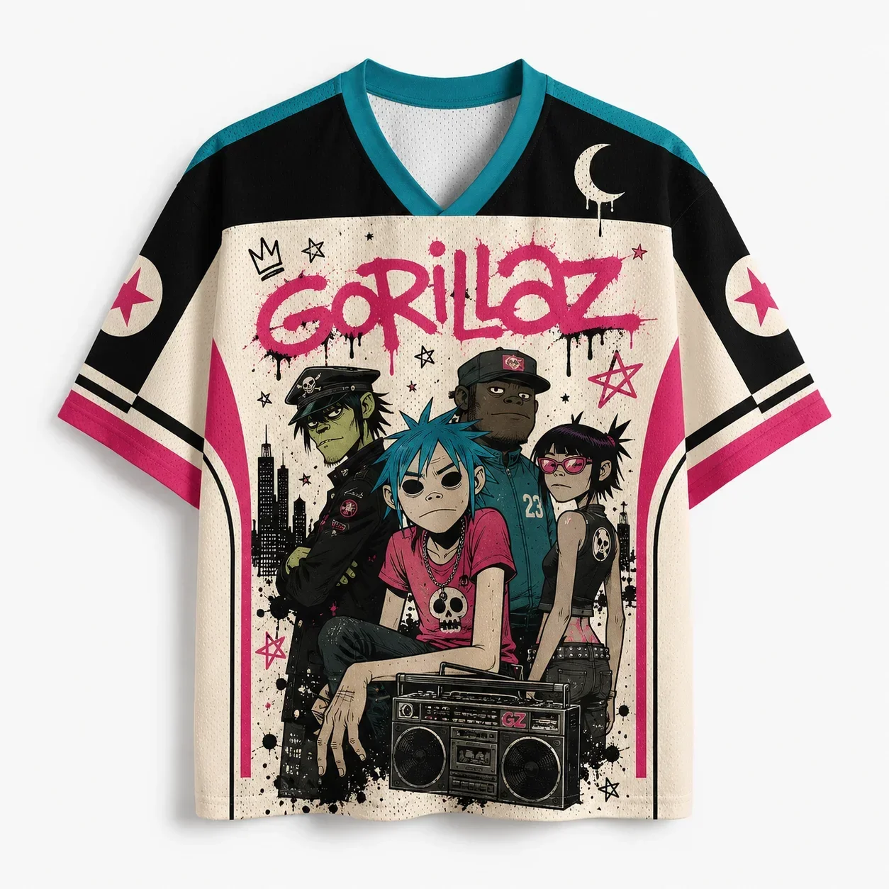 Cartoon Punk Band Graphic Football Jersey, V Neck Short Sleeve Y2K Streetwear Top, Graffiti Art Music Festival Outfit Streetwear