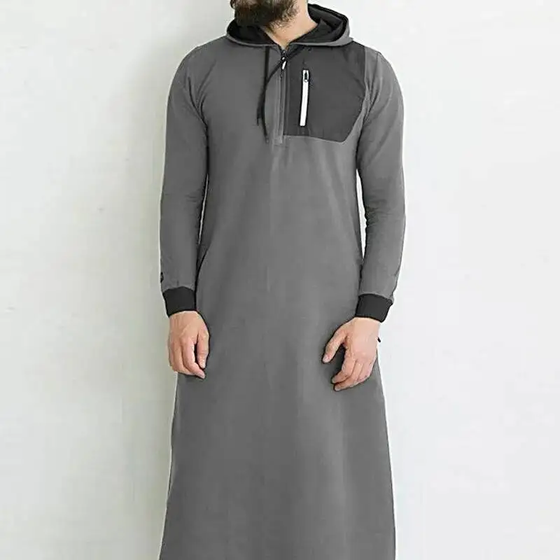 Jubah Thobe Lengan Panjang Pakaian Muslim untuk Pria Arab Hoodie Kaftan Hoodie Panjang
