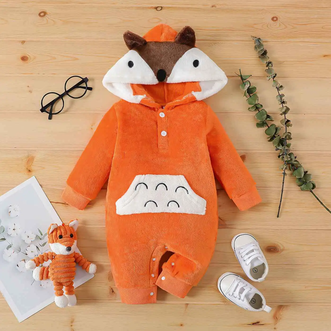 0-1 year old baby boys and girls winter style cute little fox shaped adjustable one-piece long sleeved velvet crawling suit