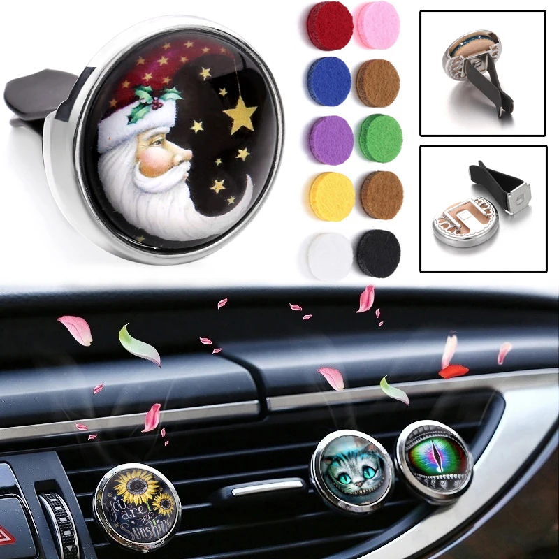 10pcs/lot New Glass Cabochon Car Perfume Diffuser Essential Oil Vent Clip Car Air Freshener Aromatherapy Diffuser Locket Pendant