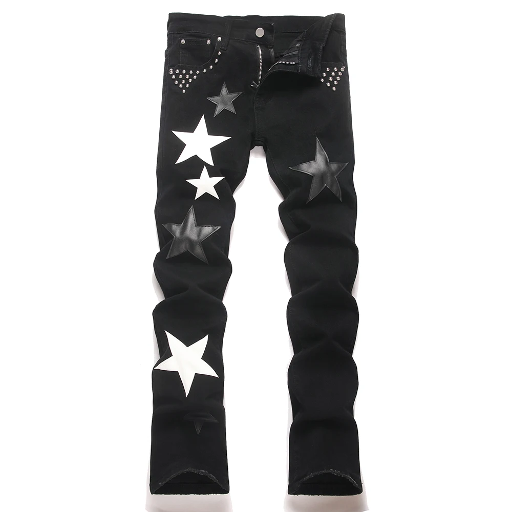 

Men's Stars Patch Denim Jeans Streetwear Black Slim Bootcut Pants Punk Rivet Stretch Spandex Flared Trousers