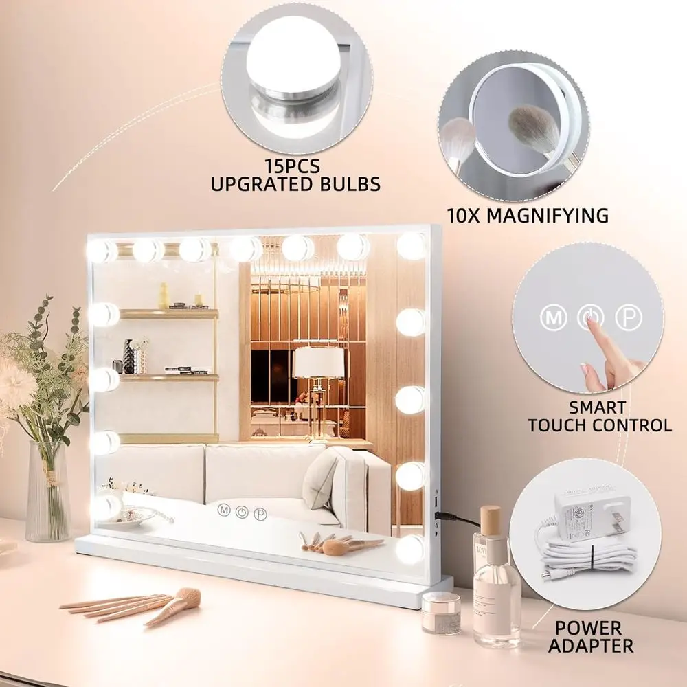 Косметическое зеркало со светодиодной подсветкой 22,8x18,1, 15 лампочек с регулируемой яркостью, 3 цветовыми режимами, голливудский стиль, зарядка через USB, увеличительное зеркало 10X