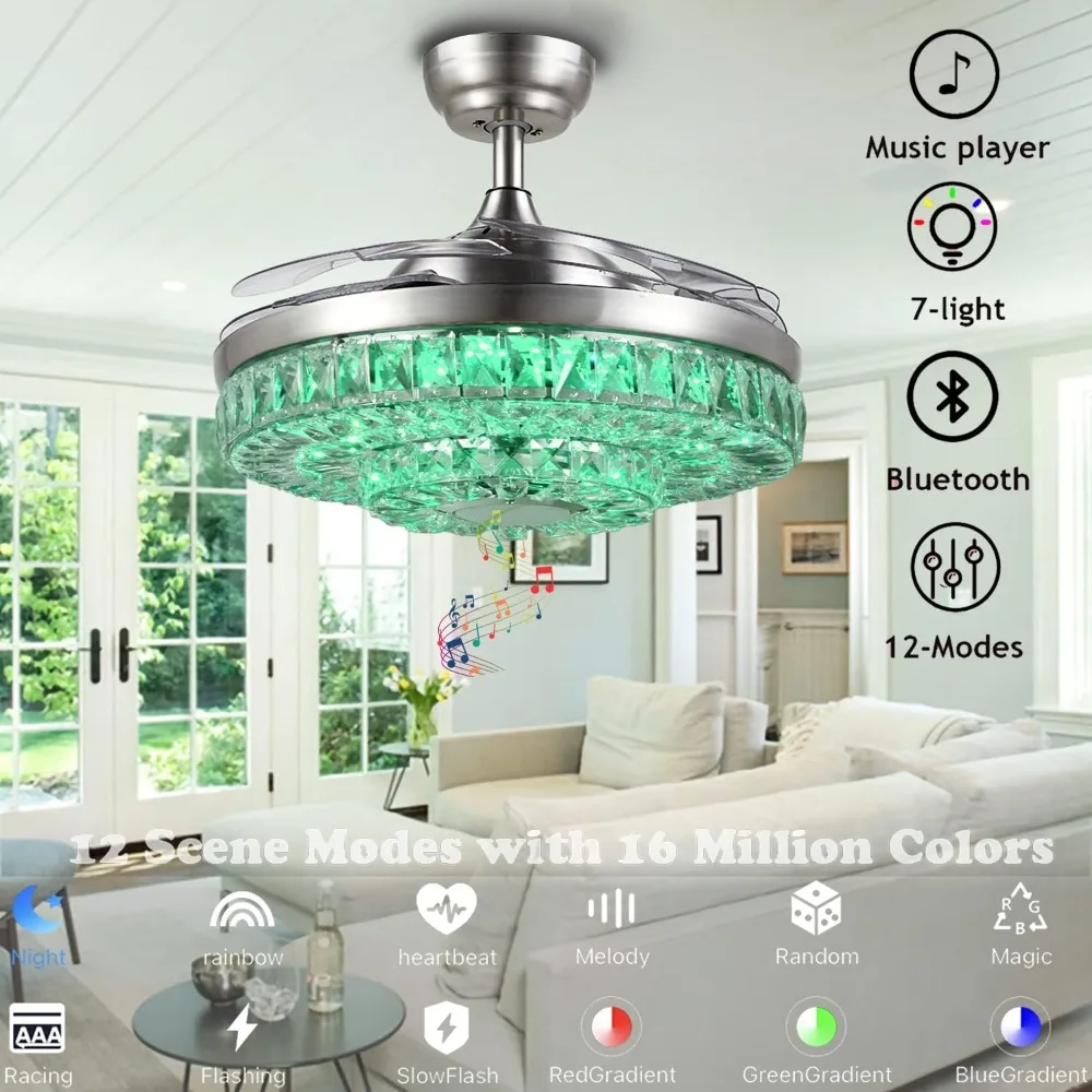 Modern Ceiling Fan with Light Remote Control, 42” Crystal Chandelier Fan with Retractable Blades, Smart Bluetooth Fandelier