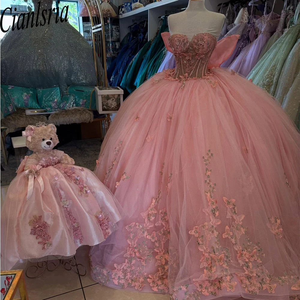 

Pink Ball Gown Quinceanera Dresses Princess Vestidos De 15 Anos Glittering Tulle Appliques Birthday Party Customized