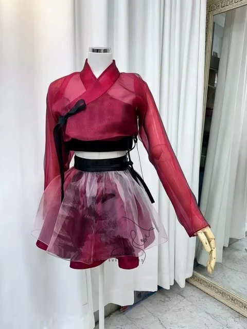 KUXA Black And Red Mini Dress Korean Hanbok Style Bowknot Ribbon Princess Prom Party Wear Set A-line Concert Costumes Customized