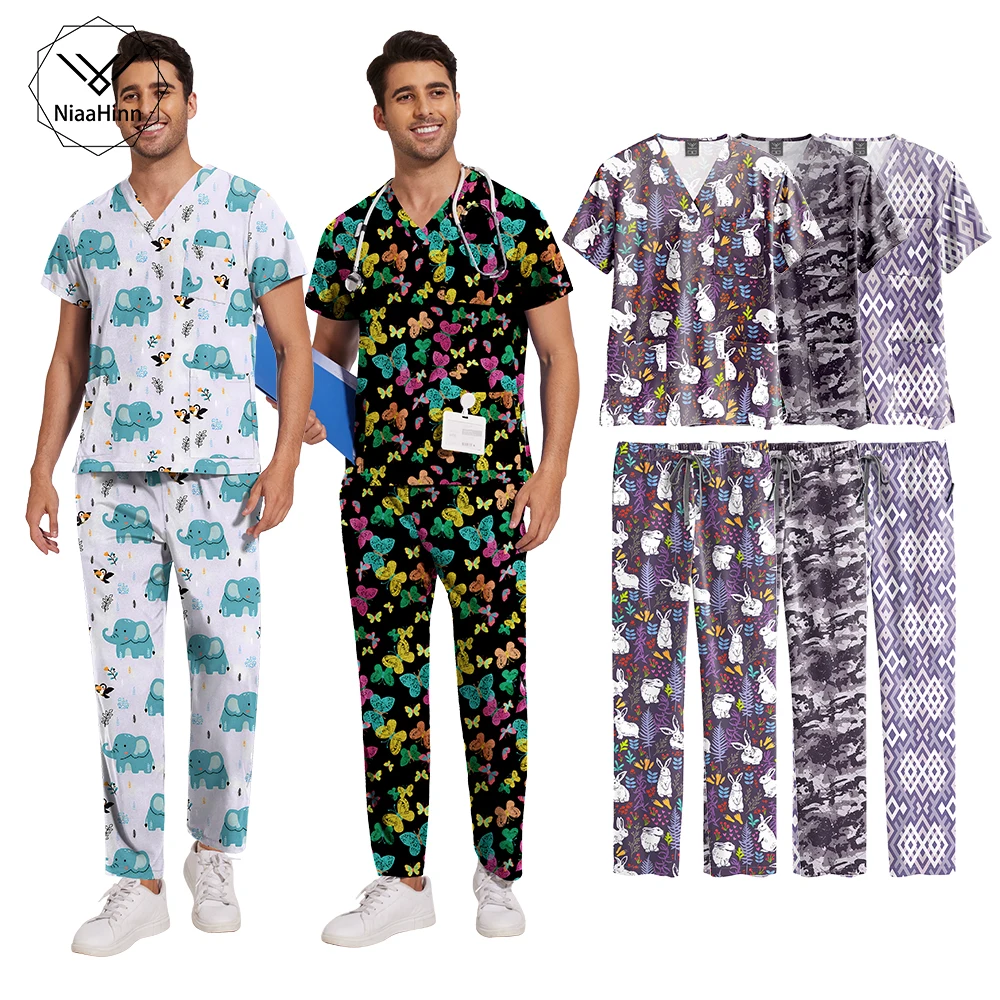 Fashion Printed Surgical Uniform Women Dental Clinic Hospital Nursing Articles Mens Scrub Unisex Uniform Healthcare Dental Scrub