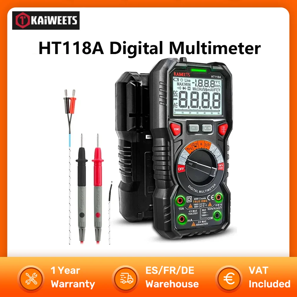 KAIWEETS HT118A Digital Multimeter Ture RMS Auto Range Multimetro 1000V 10A AC DC Ohm Hz NCV Live Voltage Temperature Meter