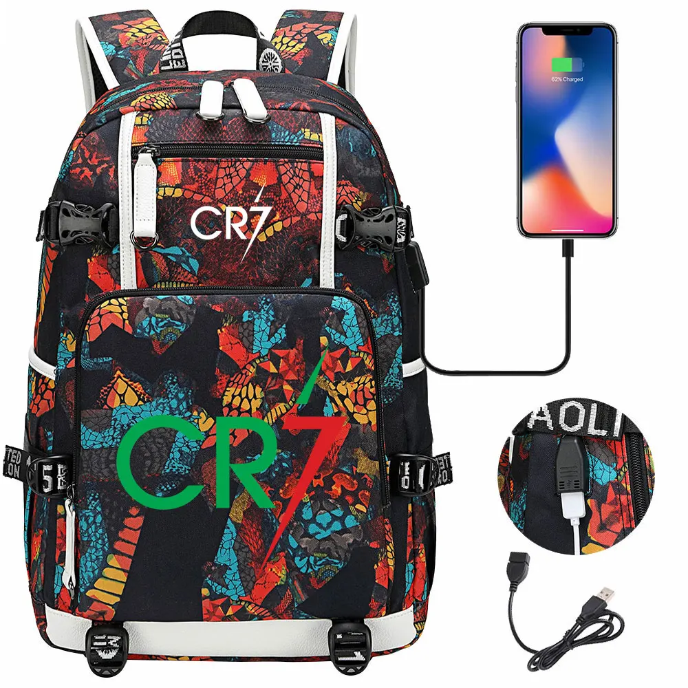 Mochila de camuflaje CR7 USB ligera para ordenador portátil, bolsa de viaje informal para jóvenes, bolsa de deporte al aire libre para adolescentes,