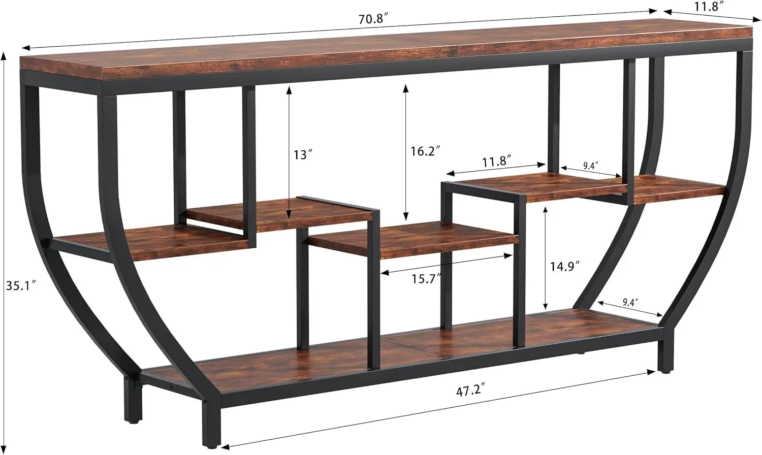 Extra lange consoletafel, metalen frame banktafel met opbergruimte, industriële foyer inkomtafel (bruin)