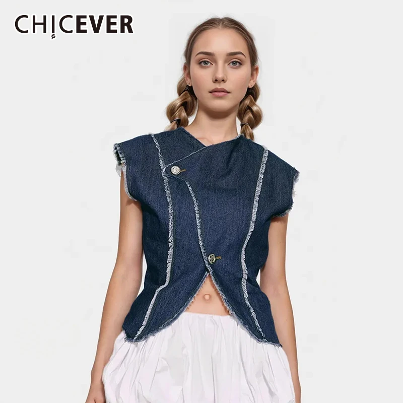 

CHICEVER Casual Vintage Solid Vests For Women V Neck Sleeveless Single Breasted Patchwork Raw Hem Minimalist Denim Vest Female