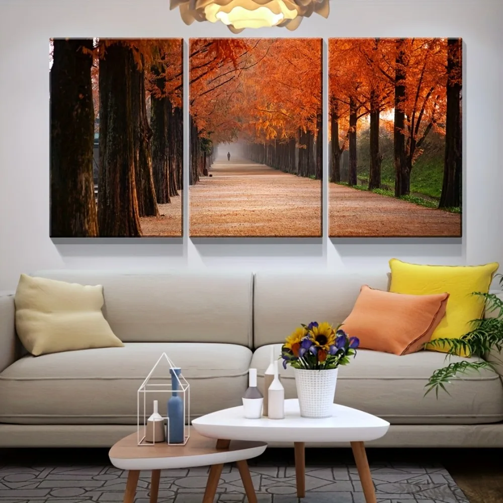 Mural de lienzo de 3 piezas: ilustraciones de paisaje de bosque otoñal, impresión en lienzo, camino de otoño, tapicería, marco de madera grueso de 1,5 pulgadas
