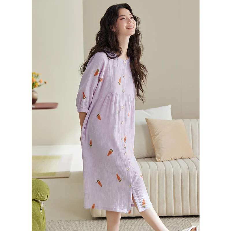 Long Nightgowns Half Sleeve Cardigan Sleepwear Female Summer Dress Cute Print Princess Shirt Womens Robes Peignoir Homme M-XXXL