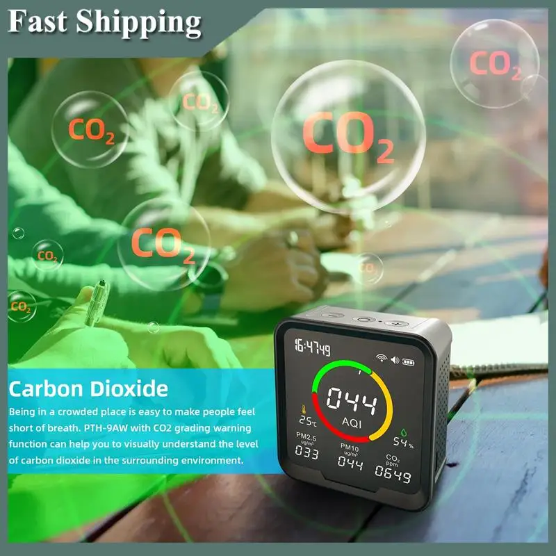 

-MEOF Portable CO2 Detector With Monitor Carbon Dioxide Meter Digital Temperature Humidity Tester Clock PTH 9AW