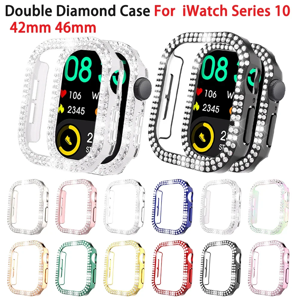 Bling PC Case For Apple watch10 Double Diamond Crystal iWatch Series 10 Soft Bumper Protective Cover Watch Strap Protector Band