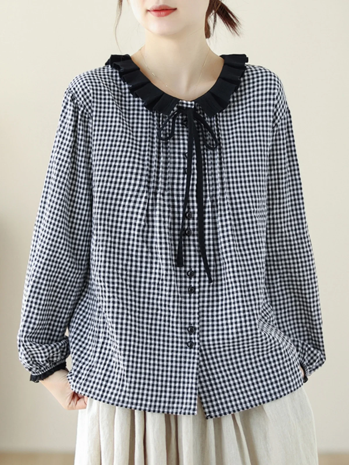 

Свободный крой из чистого хлопка, осенняя клетчатая женская милая кукла Forest System, корейская кукла для поездок на работу, винтажная деталь на пуговицах