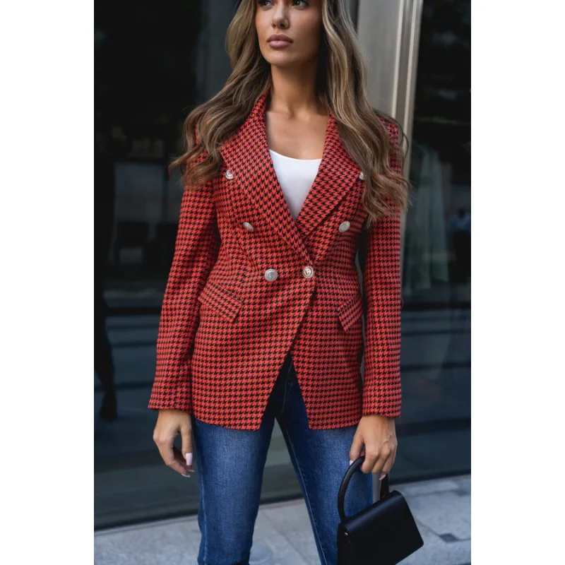 Fashion double-breasted houndstooth blazer girl sympathy suit OOTD