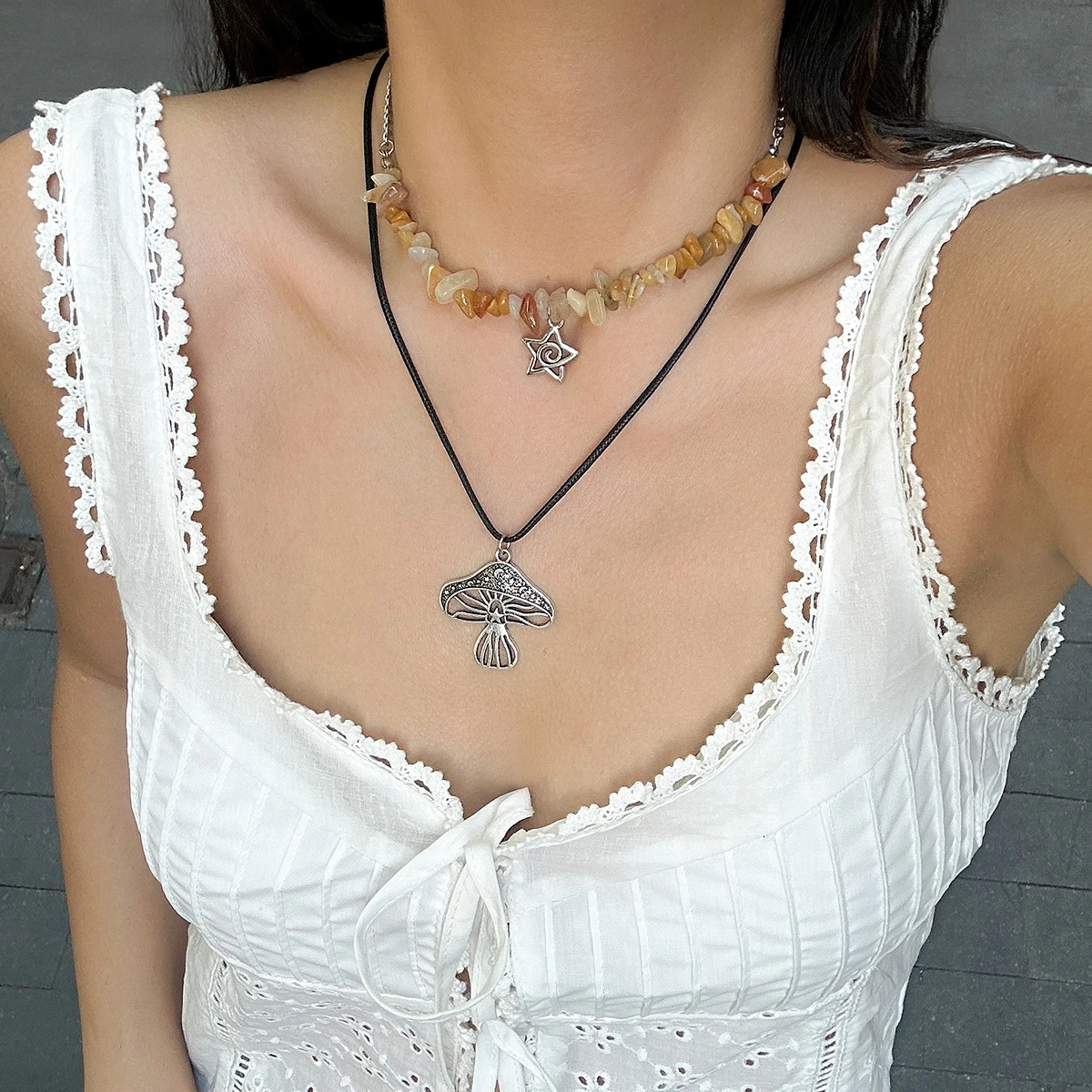 SHIXIN 2Pcs Vintage Irregular Stone Beads Chain Choker Necklace for Women Bohemia Star Mushroom Pendant Necklace Y2K Accessories