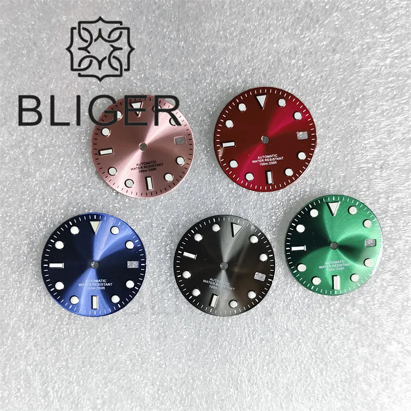 BLIGER 29mm Sunburst/Matte/Glossy 3.0 Crown Watch Dial Black Pink Red Dial Blue/Green Luminous Fit NH35 Movement Date Window