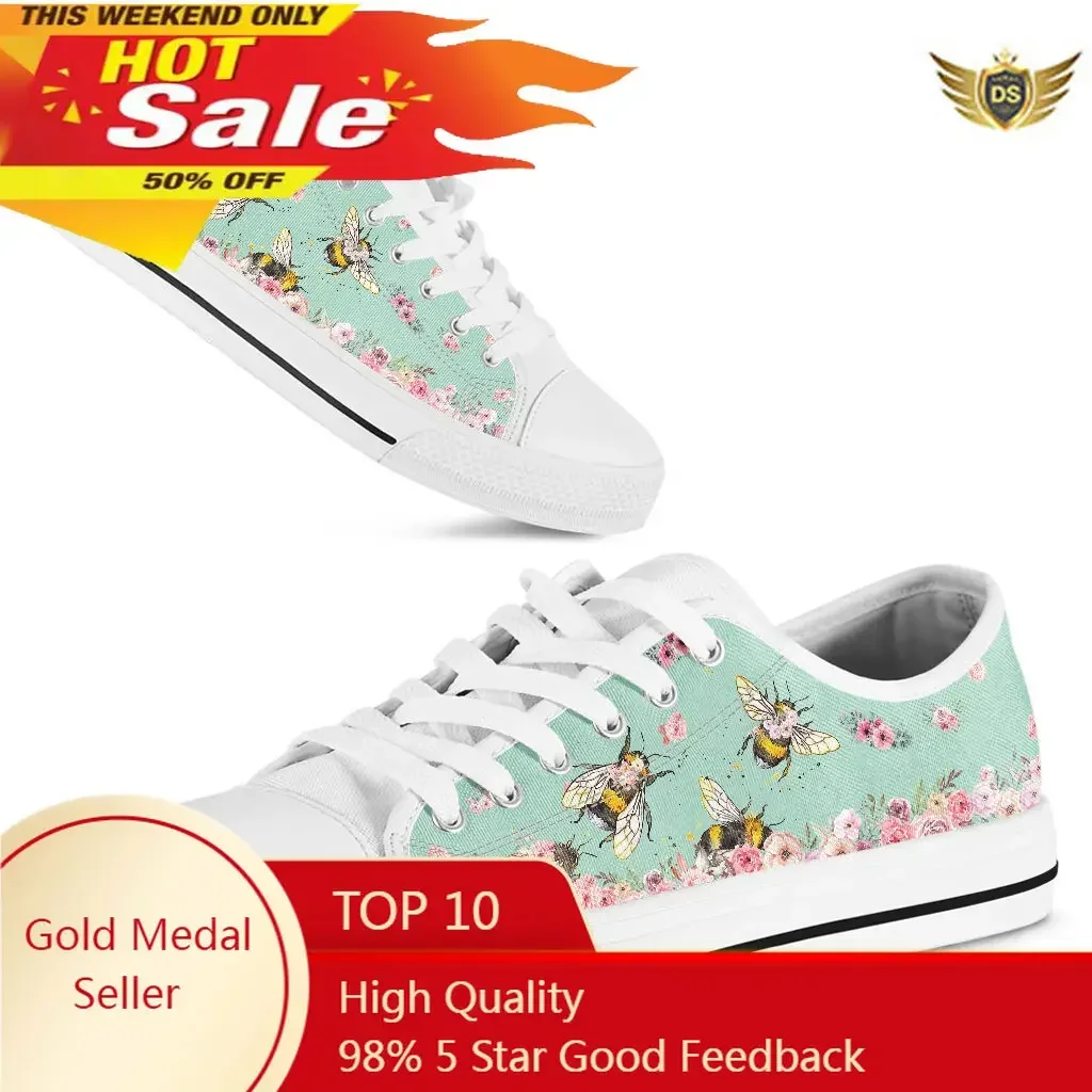 Shoes Women Canvas Cute Bees Floral Lace Up Casual Woman Flats White Candy Color Breathable Sneakers