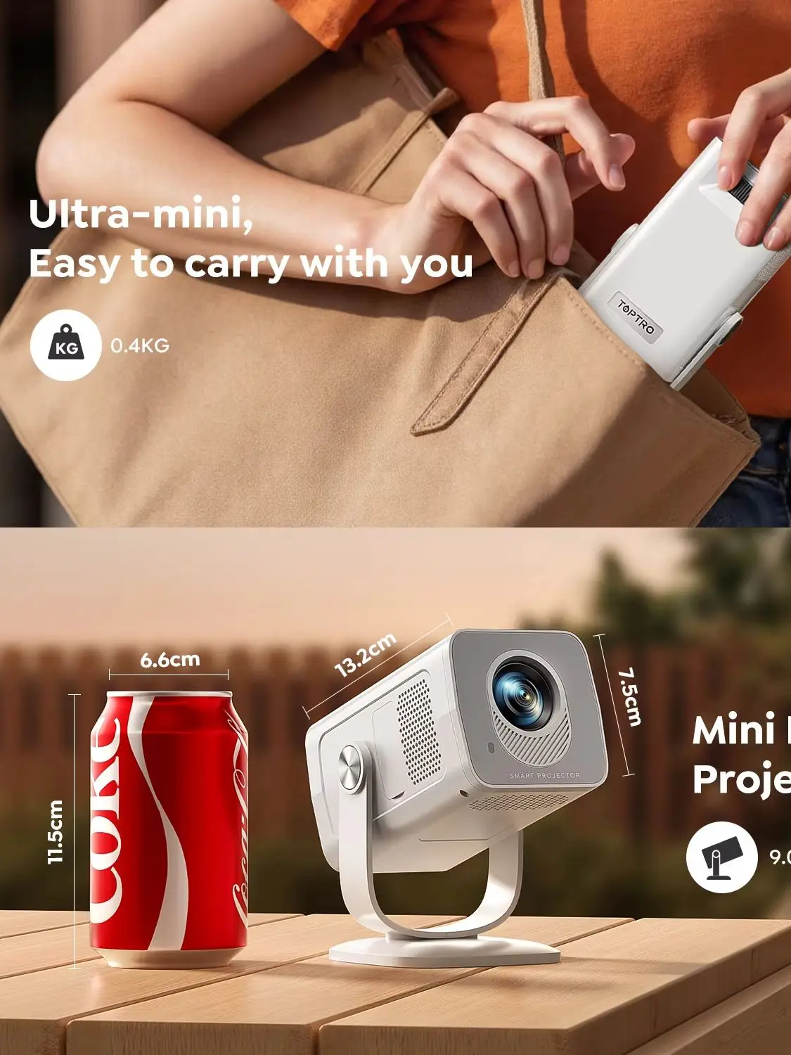 Toptro Projektor 4K 1080P Android 14.0 WiFi6 Autofokus 270 °   Drehbarer Android 14 Tragbarer Projektor für Filme, Heimkino und Outdoor