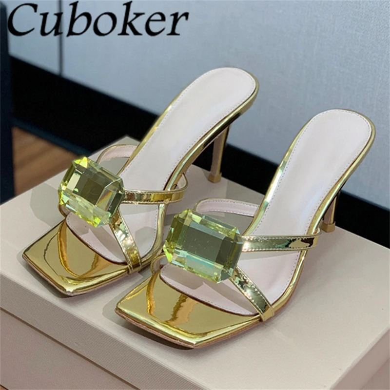 

2024 Summer Shining Big Rhinestone Thin High Heel Slippers Women Fashion Patent Leather Stilettos Mules Sexy Runway Party Slides