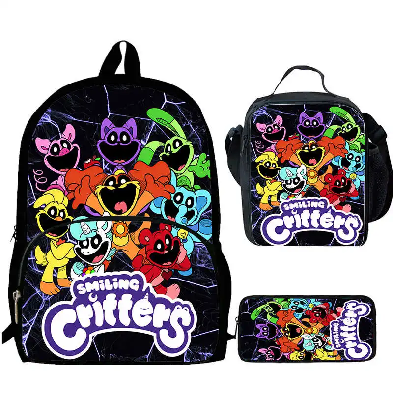 Mochila de personagens de anime sorridente com lancheiras, estojo de lápis, sacolas escolares de desenhos animados para meninos e meninas, conjunto 3 pcs