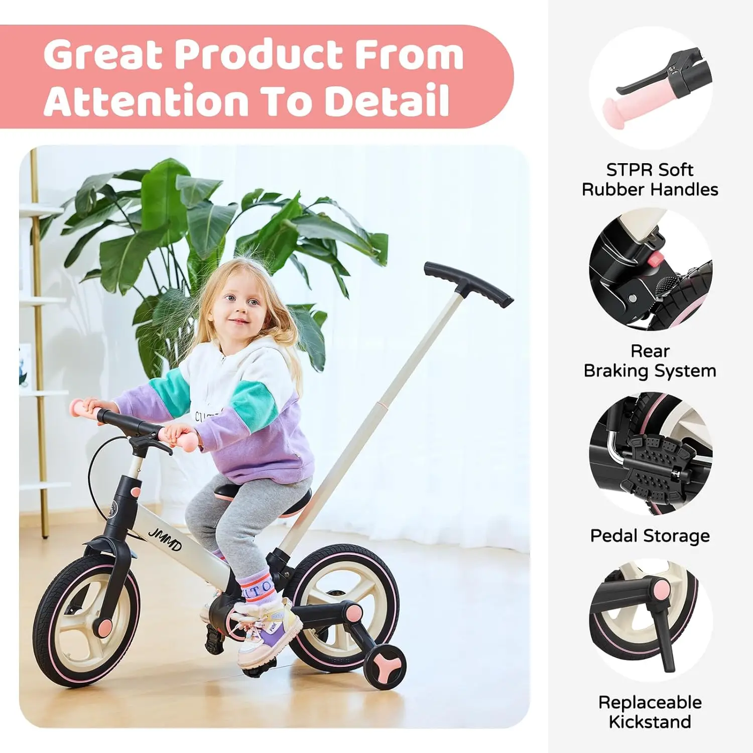 Toddler Bike with Push Handle for Kids 18-60 Months, 6 in 1 Foldable Push Bike with Training Wheels, Pedals, Brakes, Kickstand,