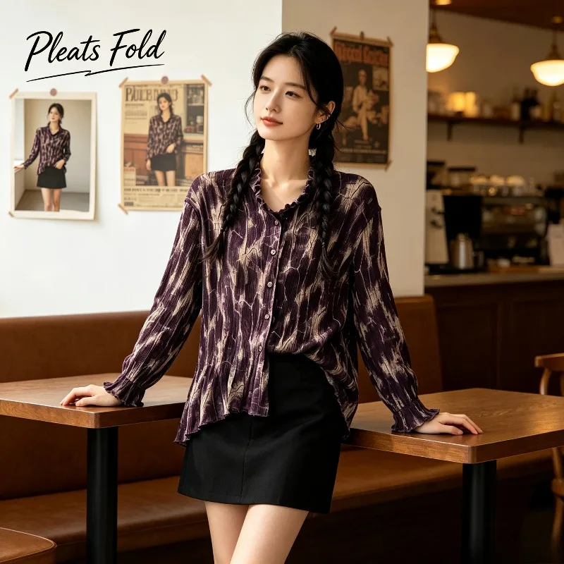 Miyake Pleated 2026 New Summer Tie-Dye Gradient Pleated Ruffled Shirt for Women Vintage Texture Ruffled Long Sleeve Cardigan Top