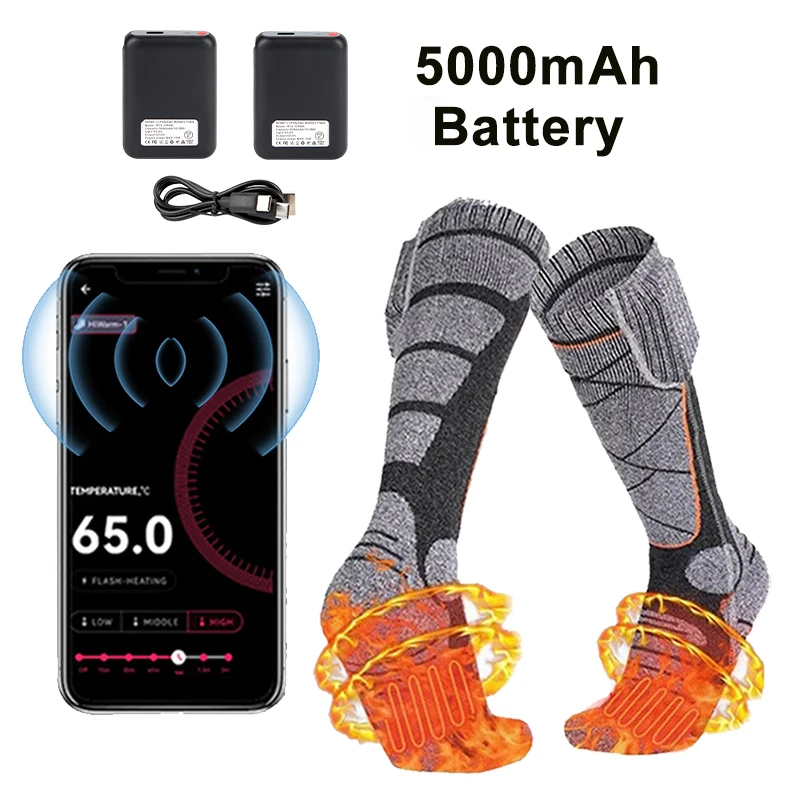 Meias térmicas auto aquecidas para homens e mulheres, aquecendo os pés, elétrico, ciclismo, quente, inverno, esqui, controle do APP, 5000mAh