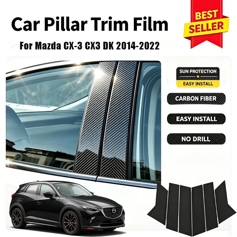 For Mazda CX-3 CX3 DK 2014-2022 Car Door Window B C Pillar Glossy Black Carbon Fiber Cover Sticker Decorative Protector Exterior