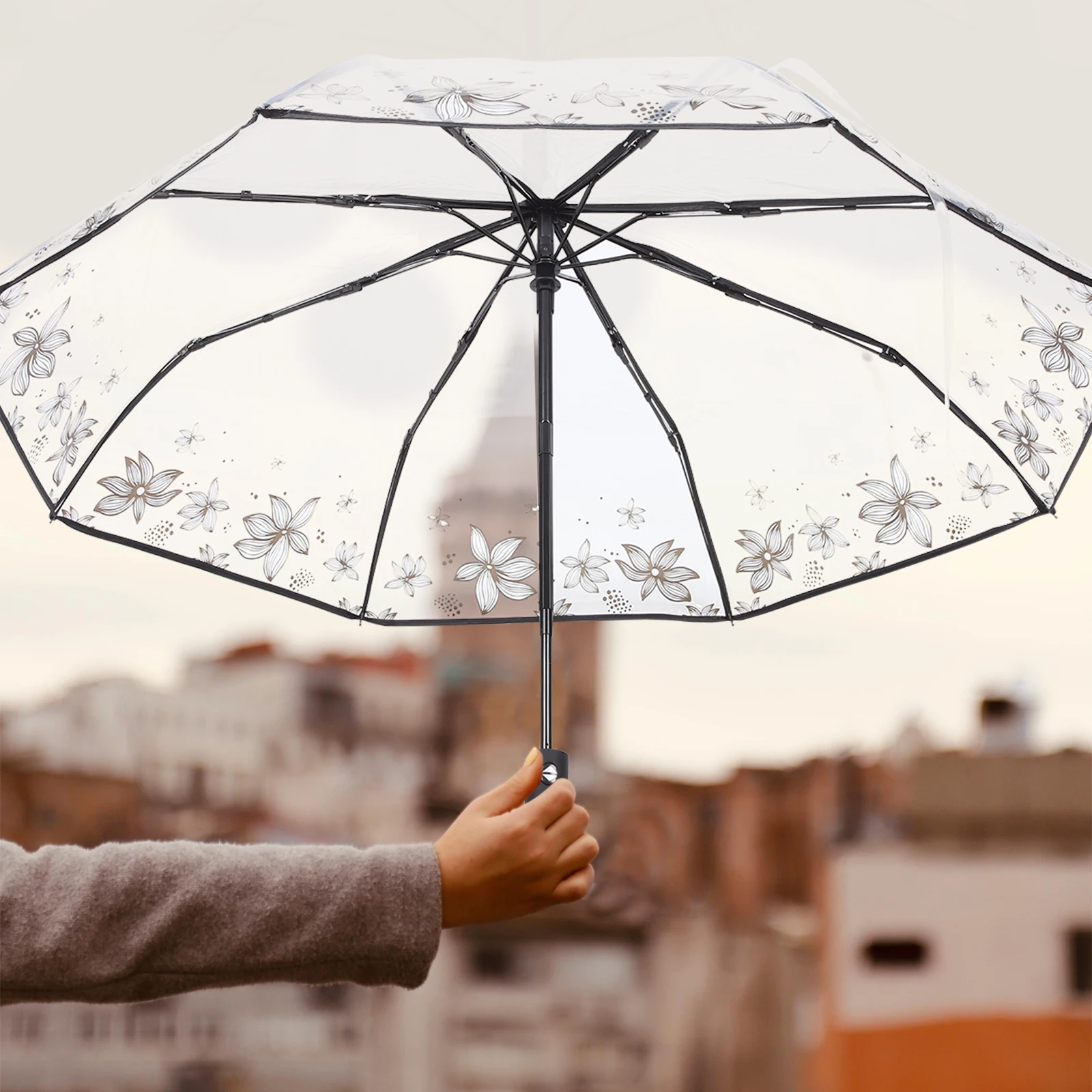 

Transparent Umbrella Black Foldable Rain Automatic Opening Closing Lightweight Travel For Women Men Outdoor Waterproof Durable