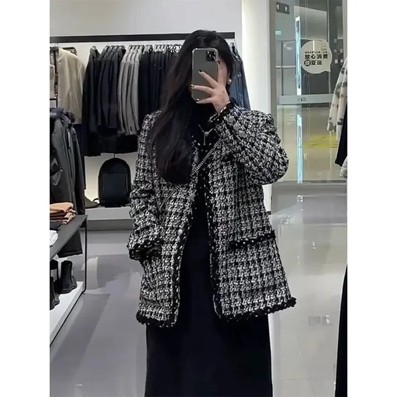 Large Size Women's Coat 4XL Fat MM Small Fragrance Suit Plaid Jacket 2023Autumn Winter New Outerwear High Sense Female Trend Top