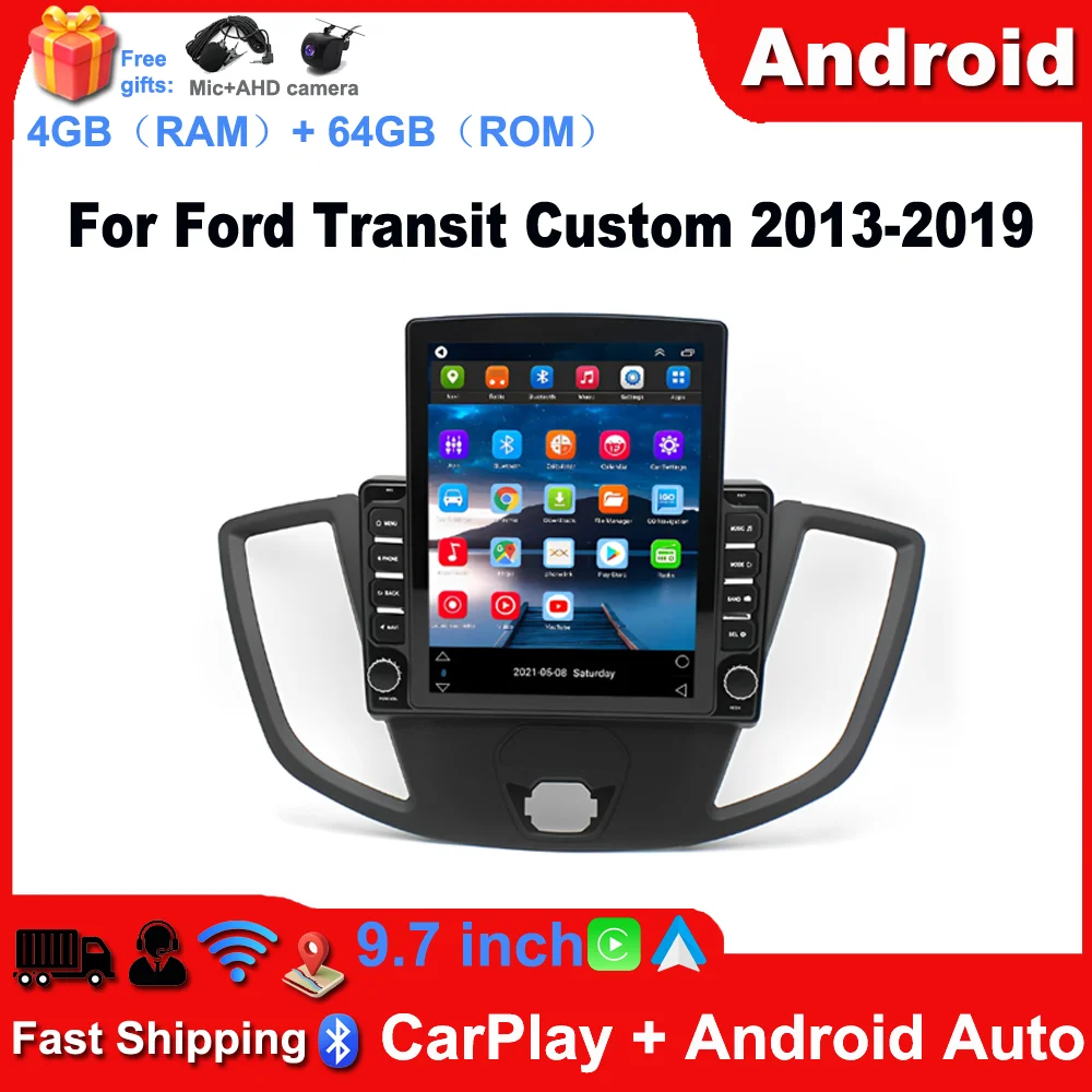 9.7in Android 13 Car Stereo Radio GPS Navigation 2+32G WiFi BT For Ford Transit Custom 2013-2019 with Built-in Wireless CarPlay Android