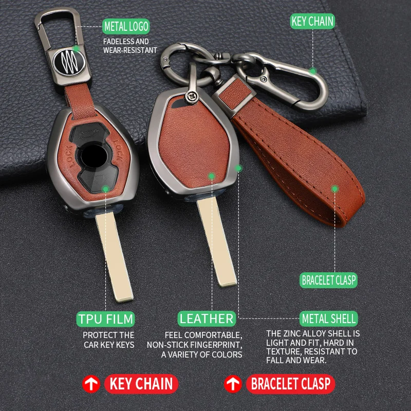 Zinc Alloy +Leather Car Key Case Cover for BMW 3 5 7 Series X5 E53 X3 F83 E46 E39 E38 E60 E63 E61 E64 330i Z3 Z4 E85 E86 M5 325i view 5