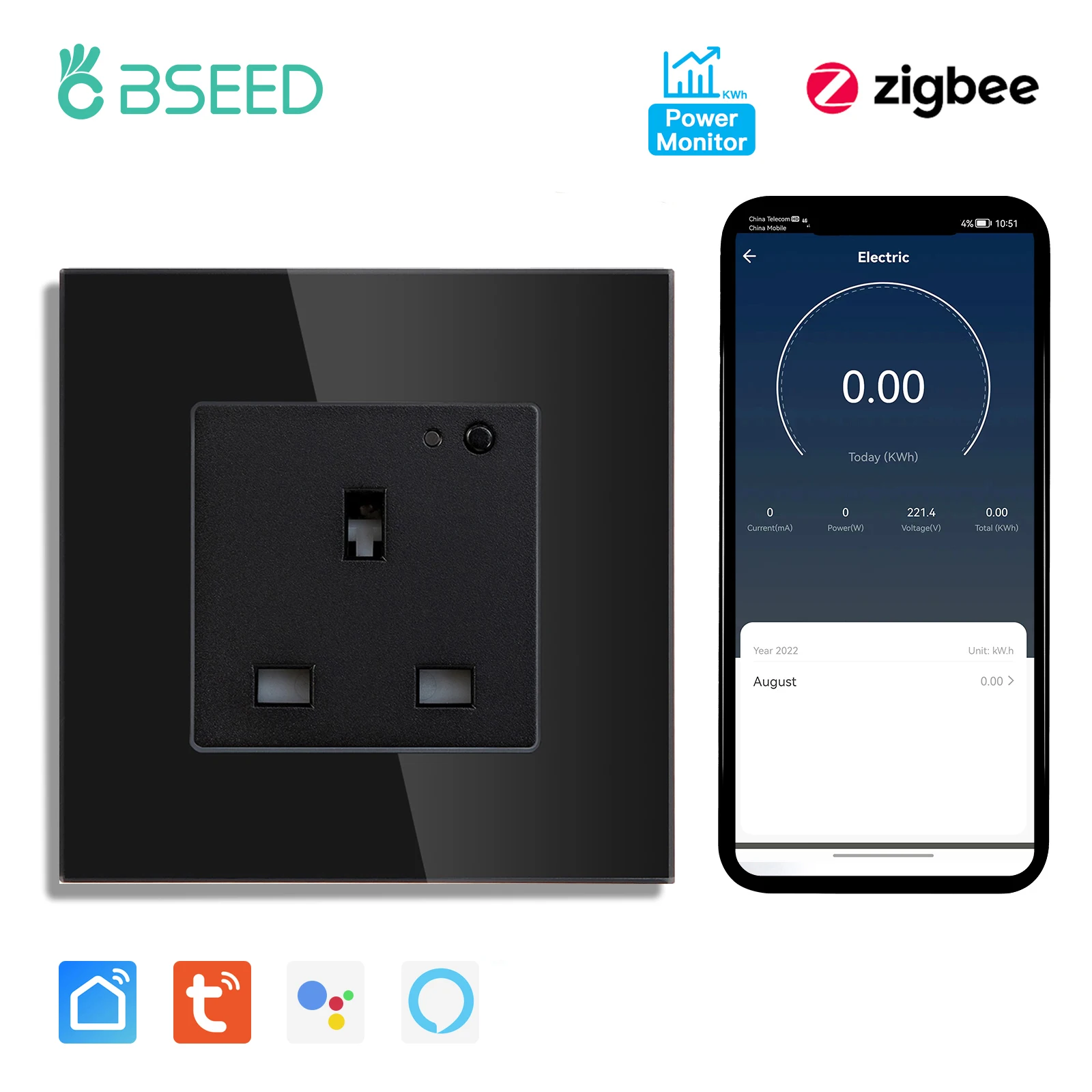 BSEED UK Standaard Zigbee Power Monitor Socket Slimme dubbele elektrische stopcontacten Tuya Smart Iife Google Home Control 13A