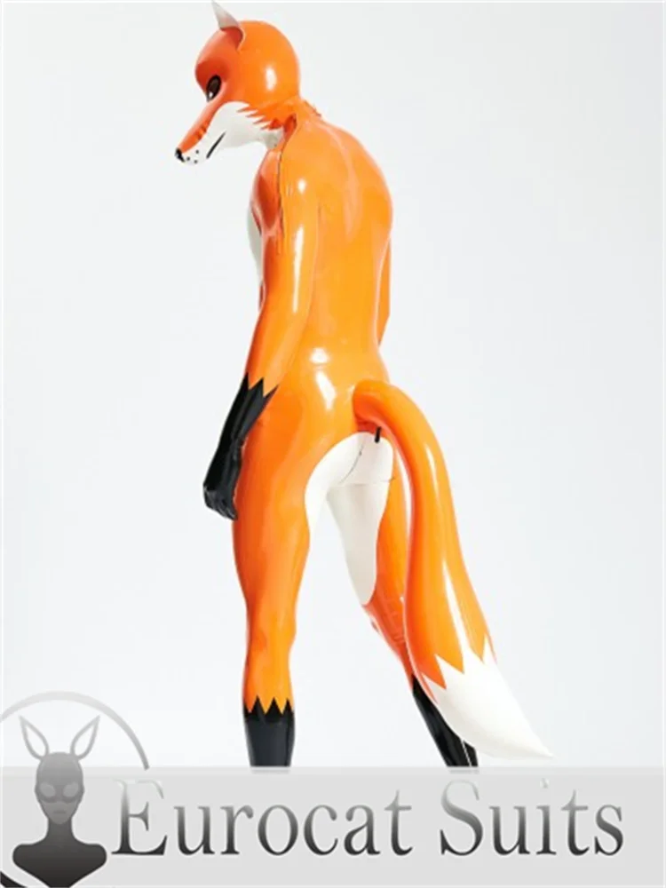 latex fetish hood Eurocat suitsbodysuitrubber catsuits  clubwearing Male 'Fox Trotter' Shoulder-Zipper Catsuit  Inflatable Tail