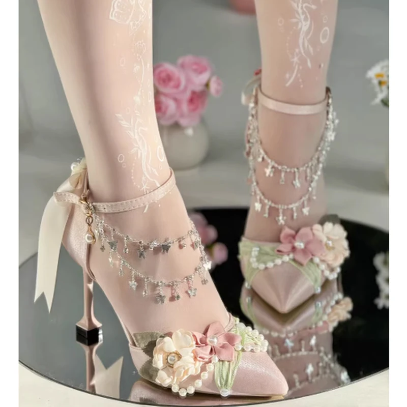 Sweet Pink Floral Starry Chain High Heel Sandals Woman Summer 2026 Bridal Wedding Party Shoes with Pearl & Flower Decorations