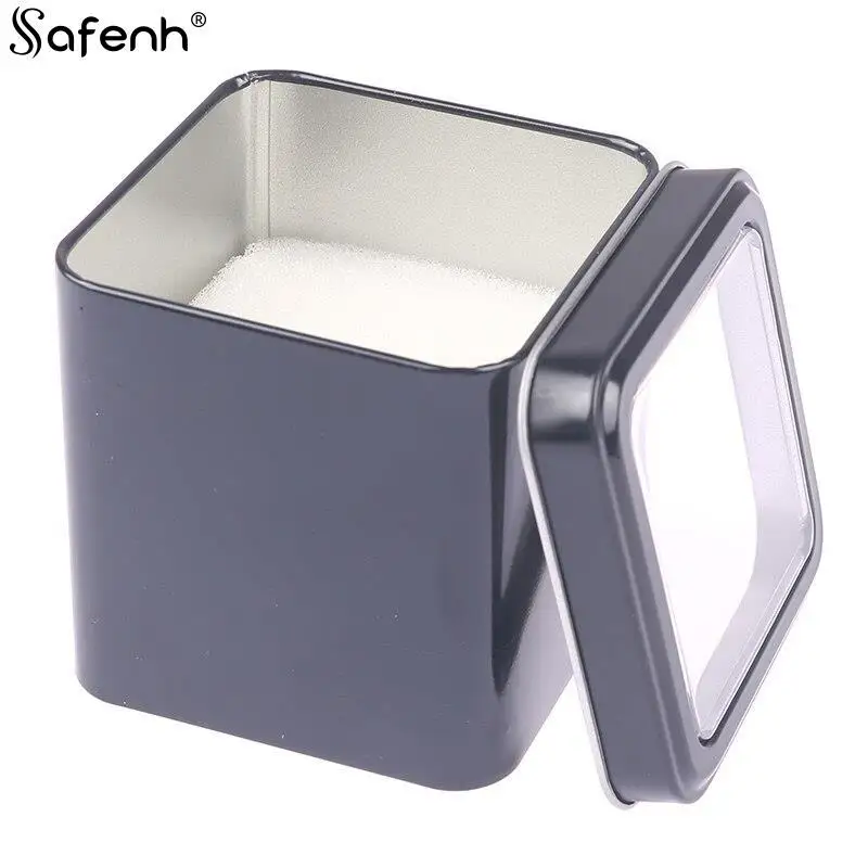 8CM Square Black Watch Organizer Box Show Holder Tinplate Can Metal Sealed Jewelry Gift Box Display Case With Cushion