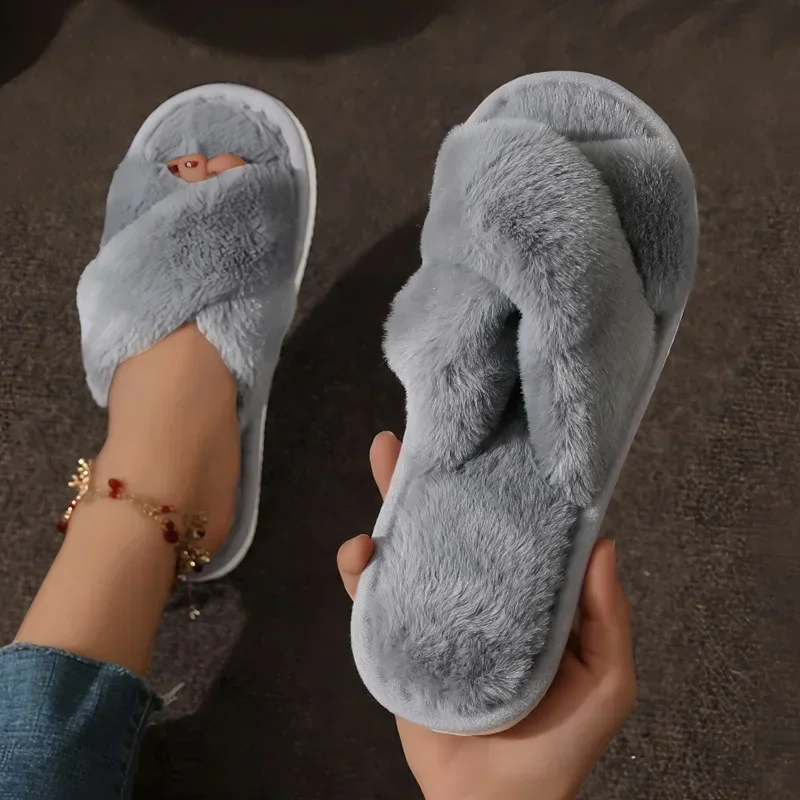 

Simple Cross Strap Plush Slippers Women Lightweight Fluffy Fur Home Slippers Woman Faux Fur Flat Heel Couple Slides Plus Size 43