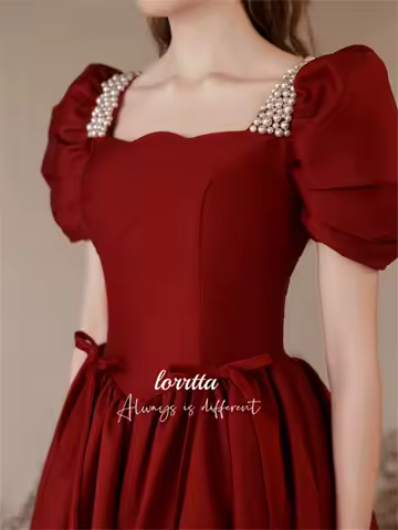 Lorrtta Satin Cloth Evening Dress Beaded Decoration Claret A Line Party Bubble Sleeve Dresses for Formal Occasions