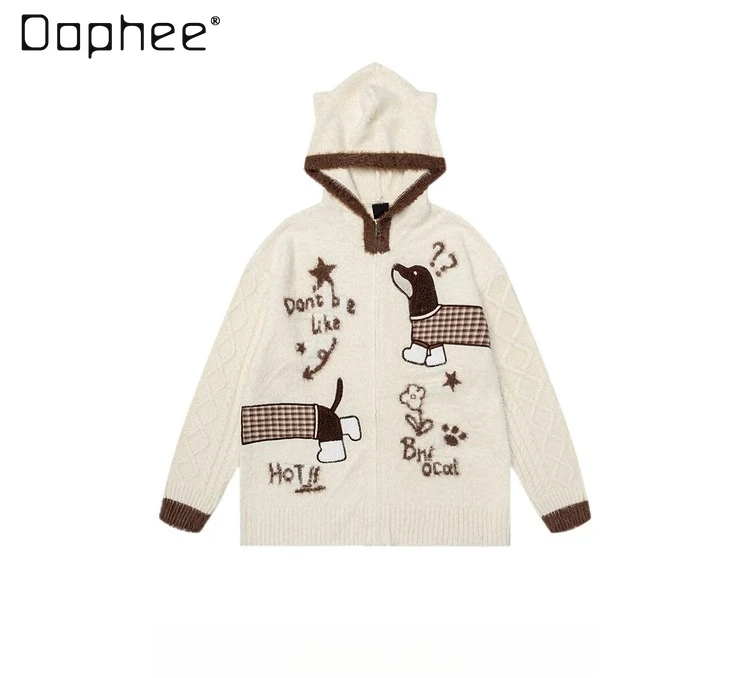 

2024 весна и осень, новый американский ретро-стиль, мужской вязаный кардиган с капюшоном черного и абрикосового цвета с буквенным принтом