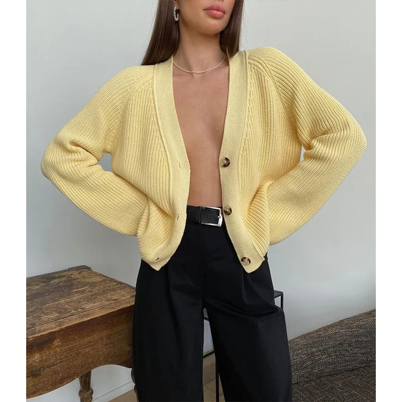 

V Neck Knitted Short Cardigan Top Women's Cropped Long Bat Sleeve Button Solid Sweater Coat Casual Loose Autumn Winter Outerwear