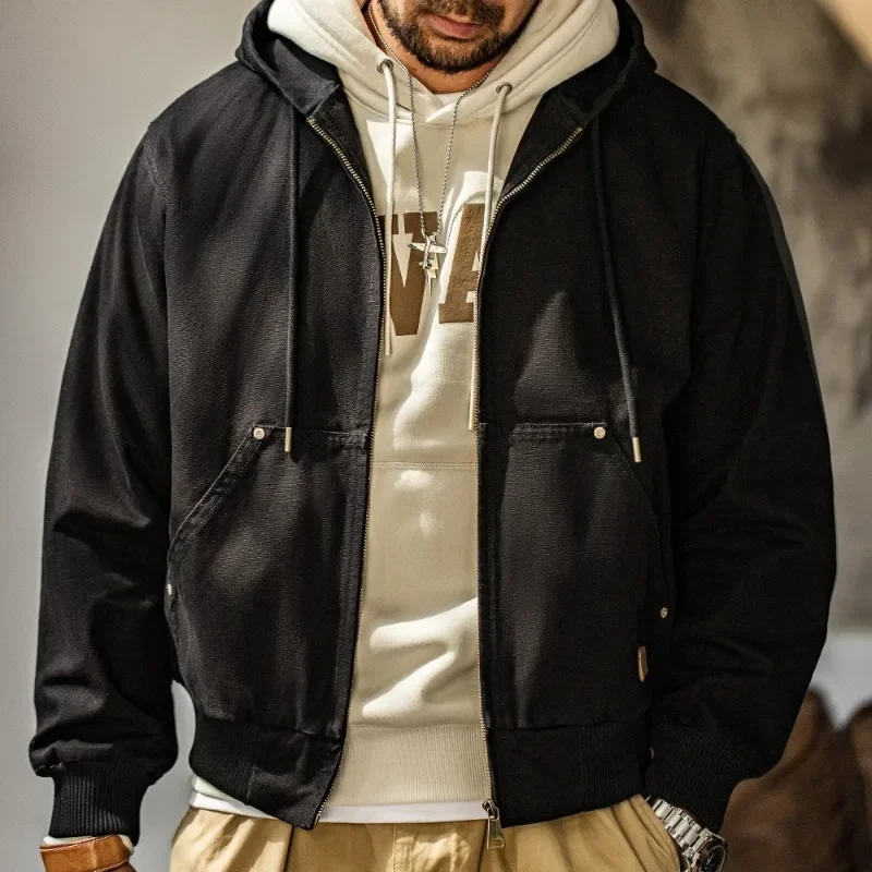 Men2026 New Autumn Vintage Heavyweight Hooded Jacket Canvas Classic Short Zip Front Solid Color Outerwear Streetwear Coat