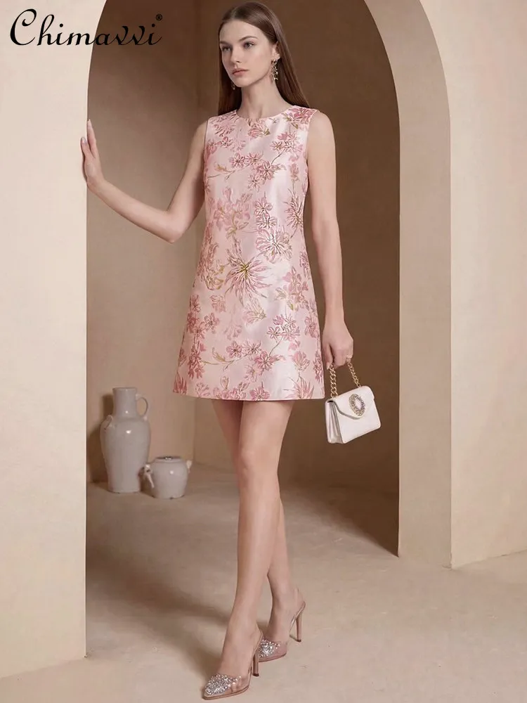 

French Elegant Socialite Summer Dress Diamond Jacquard Round Neck Sleeveless High Waist A-line Casual Vacation Short Dress Women