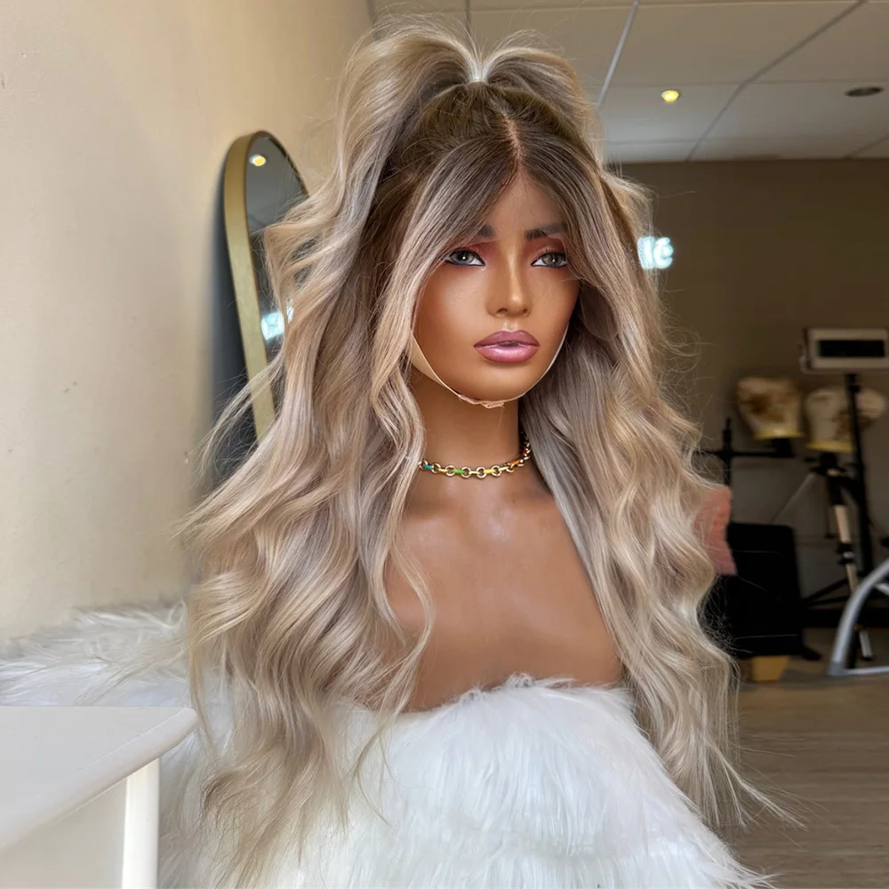 

Ash Blonde Wavy Wig for Women 13x4 Free Part Curly Wavy Wig Highlights Synthetic Heat Resistant Fiber Lace Front Wig Dark Roots