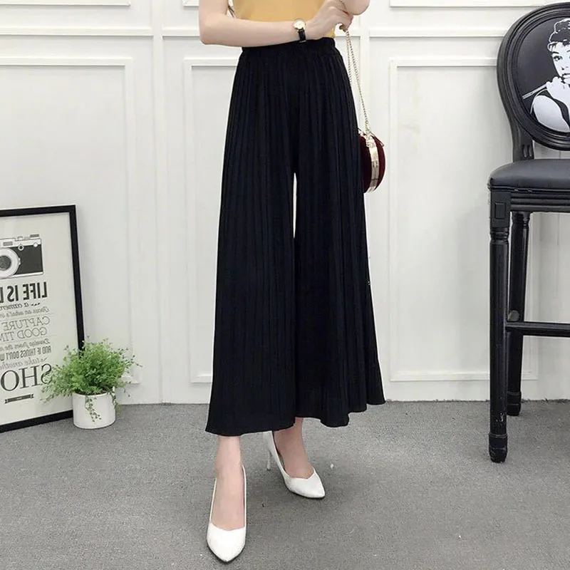 Lucyever 2023 Summer Thin Wide Leg Pants Women Casual Loose Elastic Waist Pleated Trousers Female Chiffon Ankle Length Pants