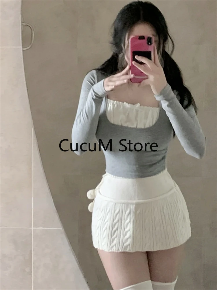 Knitted 2 Piece Dress Set Casual Short Sweater Tops Solid Party Mini Skirt Slim Bodycon Clothing Korean Fashion Suit 2023 Autumn