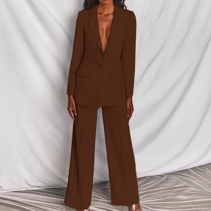 Women Loose Blazer Sets 2 Pieces Sale Spring Noted Button Long Sleeve Blazer Coats& Wide Leg Loose Business Blazer Pants Suits