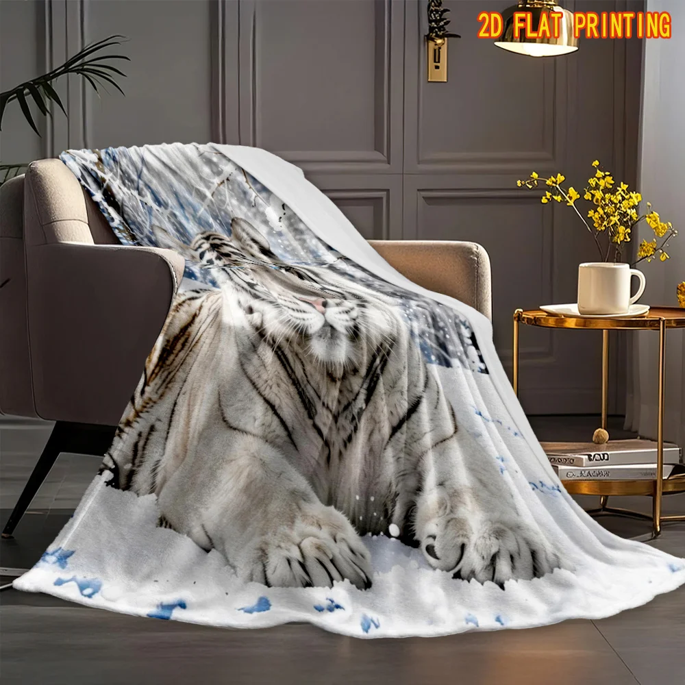 Wild Tiger Throw Blanket Noble White Tiger Snow‑Covered Woods Print Soft Flannel for Kids Room Sofa Lap Animal Theme Decor Gift